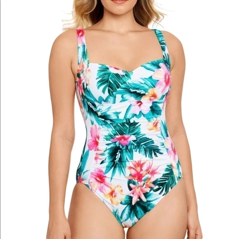 SWIM SOLUTIONS Women's White Tropical Print Tummy Control One Piece Swimsuit